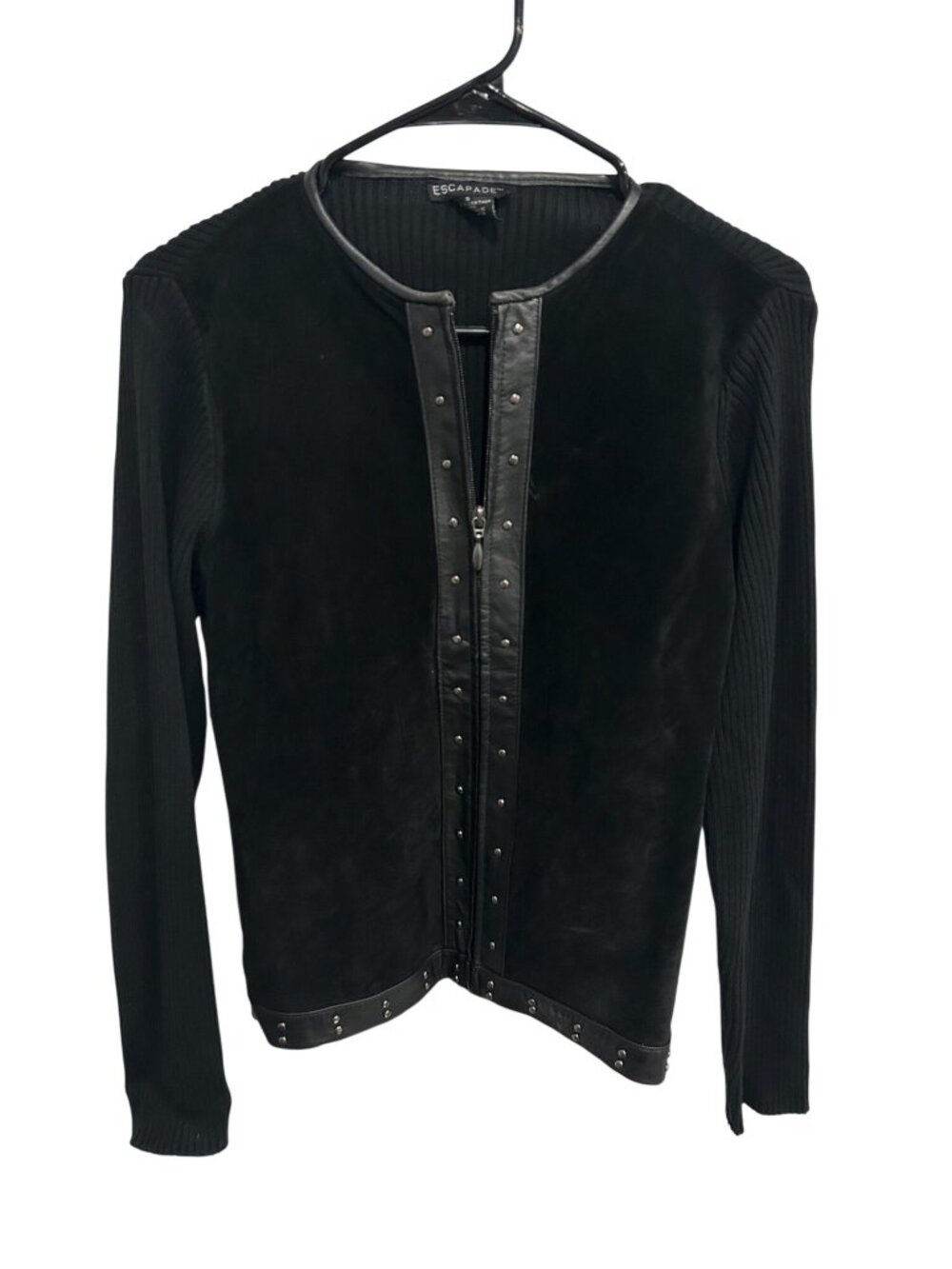Escapade Black Suede Leather Studded Jacket Ribbed Knit Sleeves Size S Chic Moto